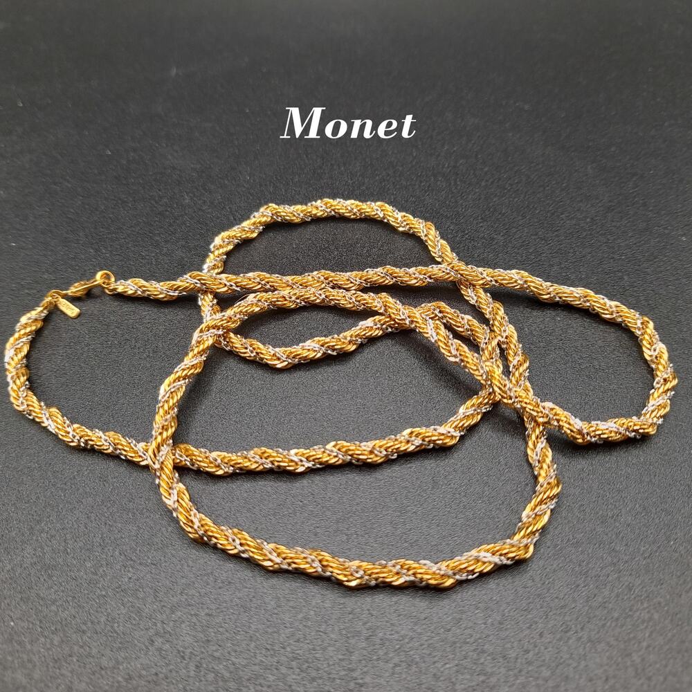 Monet Gold Silver Rope Chain Necklace, Sister Clasp, Gold Plated, 1960s Vintage